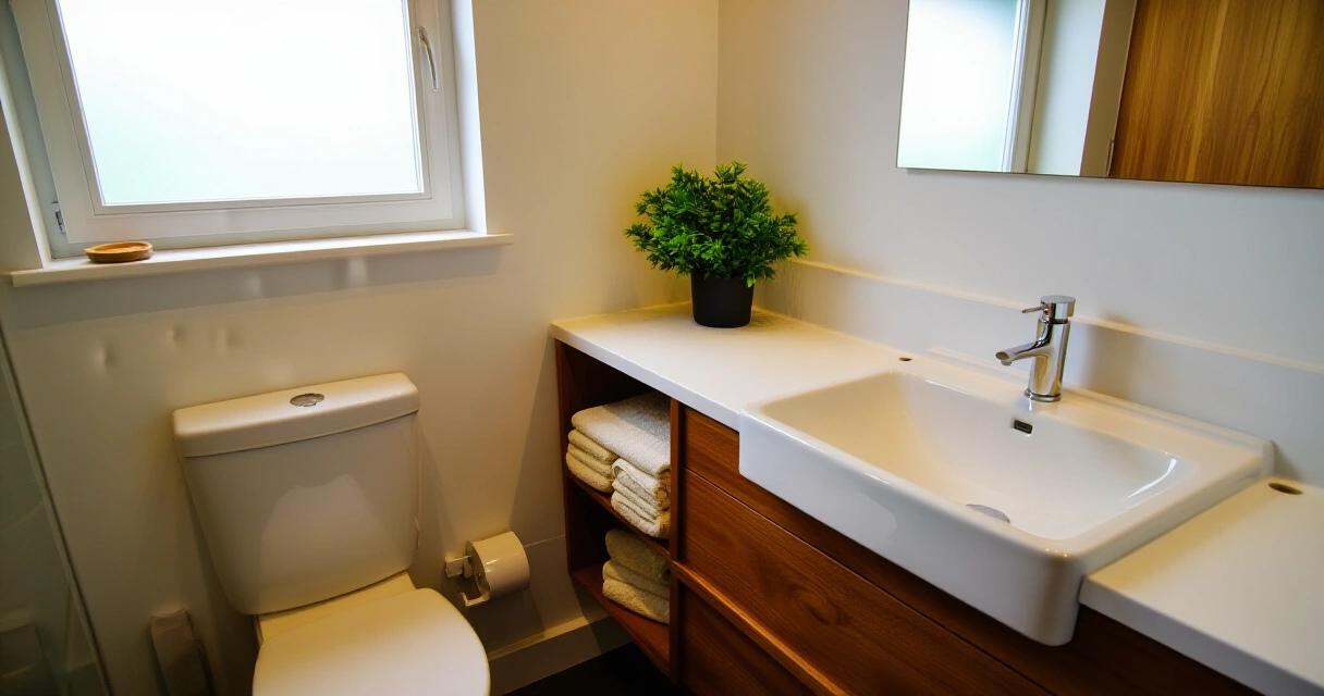 Pieni moderni wc-tila, jossa seinäkiinnittyvä puinen allaskaappi ja viherkasveja