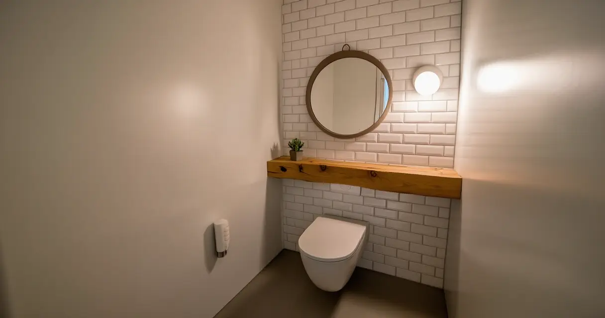 Skandinaavinen wc-tila valkoisella laattasein&auml;ll&auml;, sein&auml;-wc-istuimella ja puuhyllyll&auml;